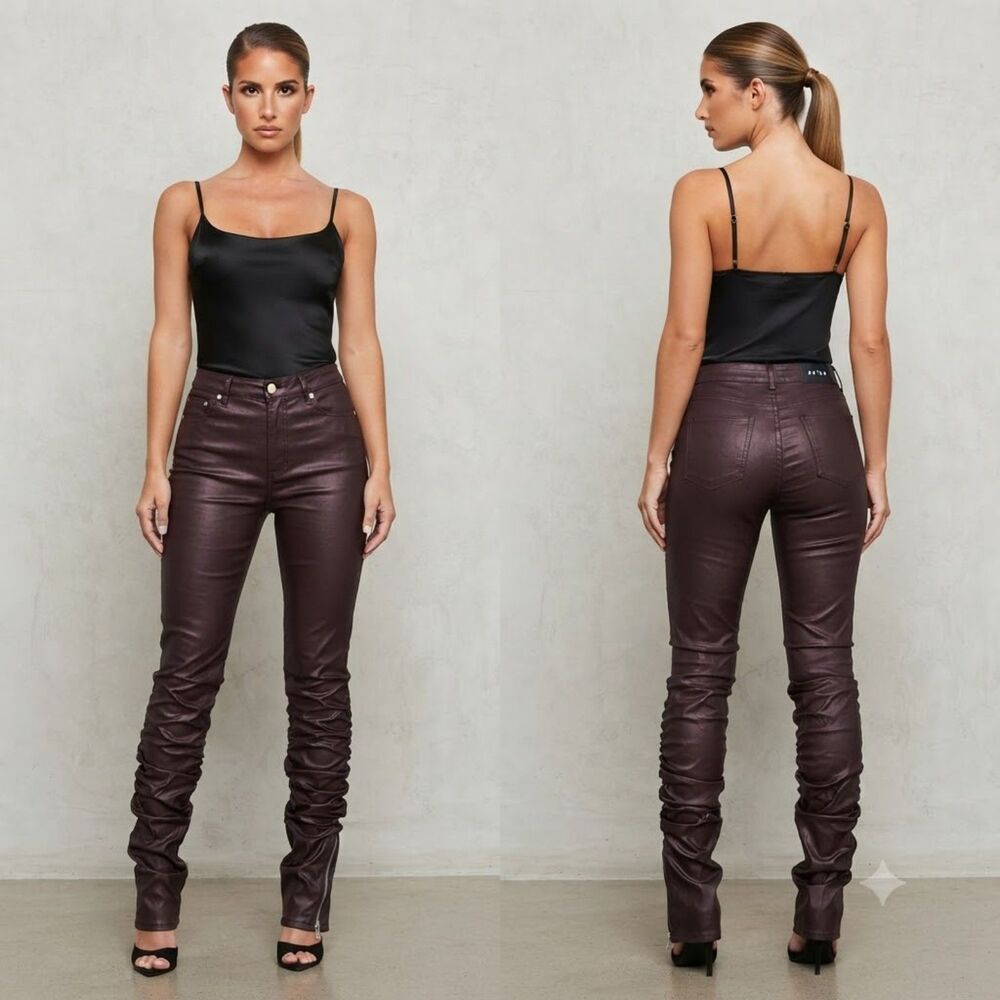 AKIRA Alicia Wax Coated Ruched Stacked Pants Burgundy Brown S